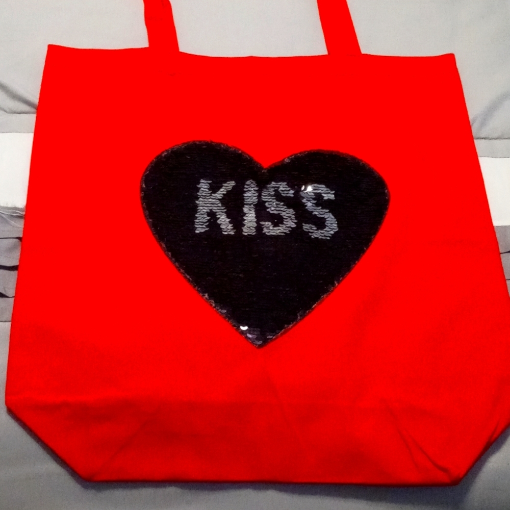 Red Canvas Tote with Reversible Sequin Heart Patch
